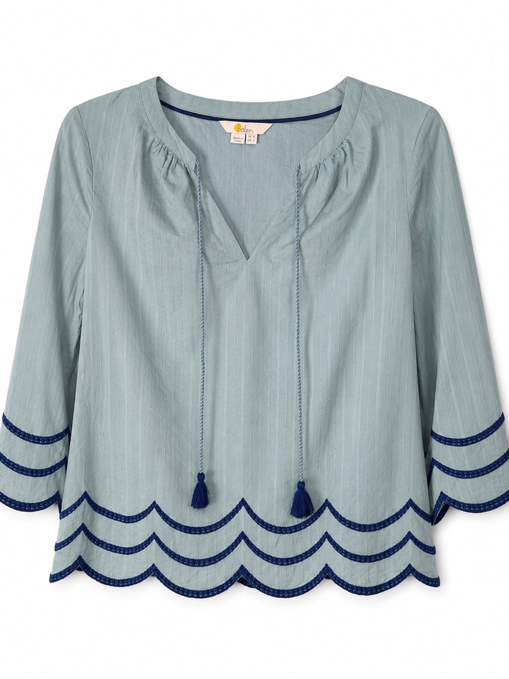 Boden‎ Blue Double Cloth Scallop Hem Tassel Blouse Boho Top Size Small